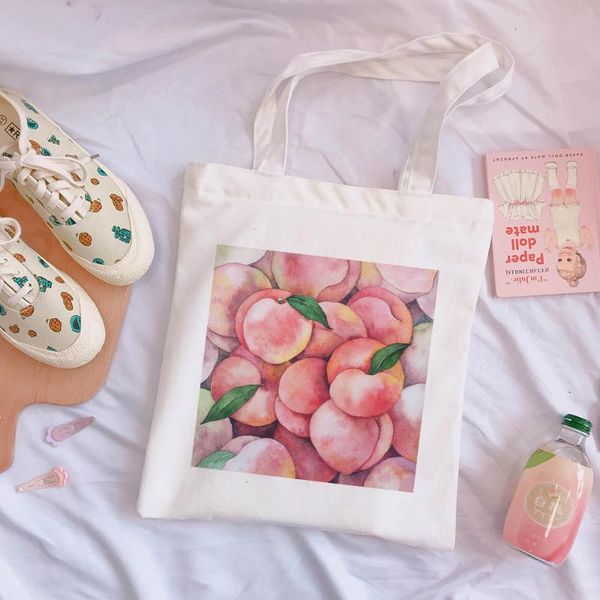 storage bags korean peach cute print harajuku bag large-capacity canvas vintage cartoon sweet college chic shoulder shopping
